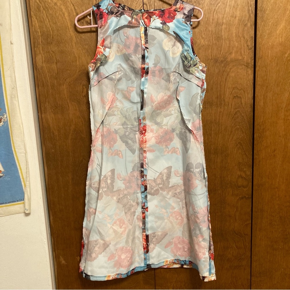 NWOT one of a kind custom satin butterfly and roses print shift dress 60s style - Picture 5 of 5